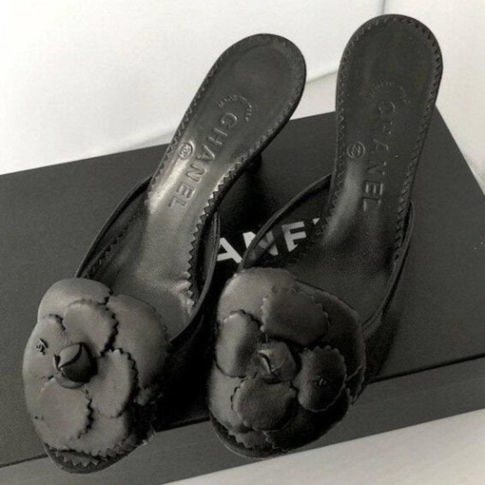 CHANEL Sandals Slides Camellias Mesh CC Logos